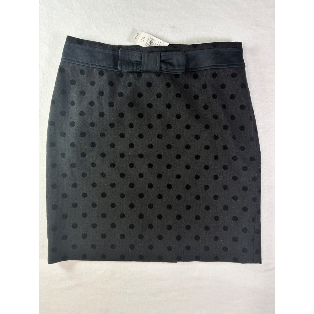 LOFT Petites Black Polka Dot Flocked Wool Preppy Mini Skirt Bow Waist 6P NWT